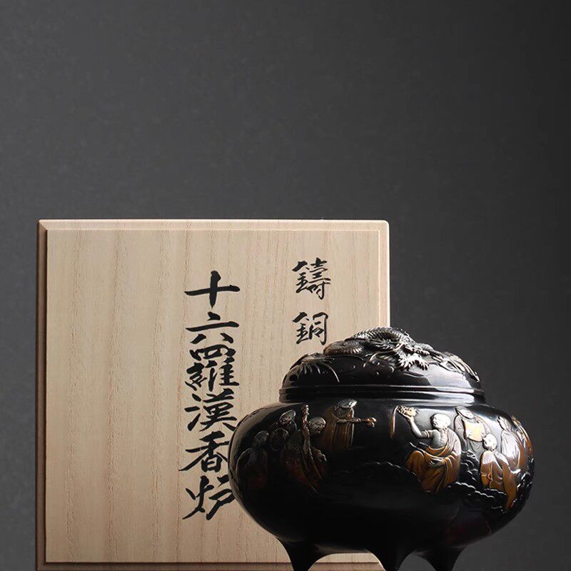 日本進口高岡銅器手工薰香爐村田宏作蠟型鑄銅雙龍耳大型香爐-Taobao-Tmall