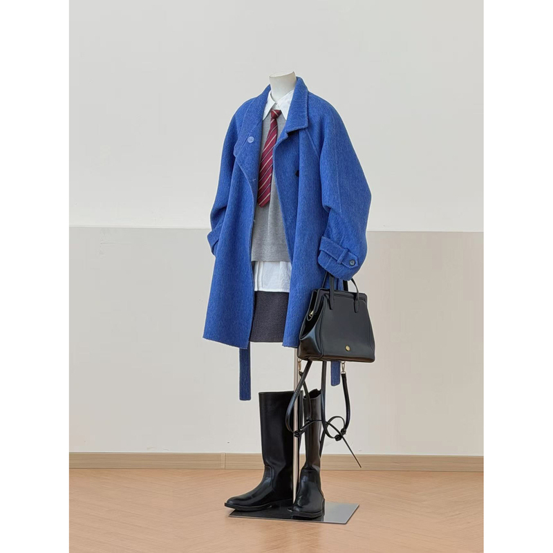 【Mulberry Silk Rabbit Fur】Commuter Style Stand Collar Warm Woolen Coat for Women, Mid-Length Loose Fit Elegant Overcoat Fs011