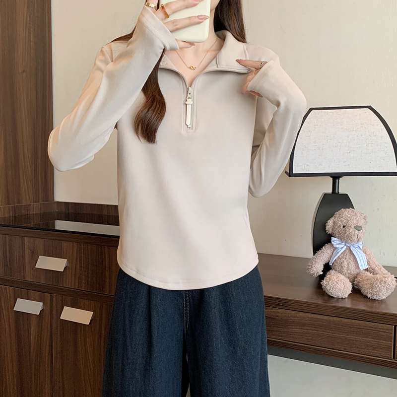 Plus-Size Women's Thickened Zip-Up Polo Collar Sweatshirt, Long-Sleeved T-Shirt, 2025 Spring New Style, Fat mm (Plus-Size) Regular Shoulder Top
