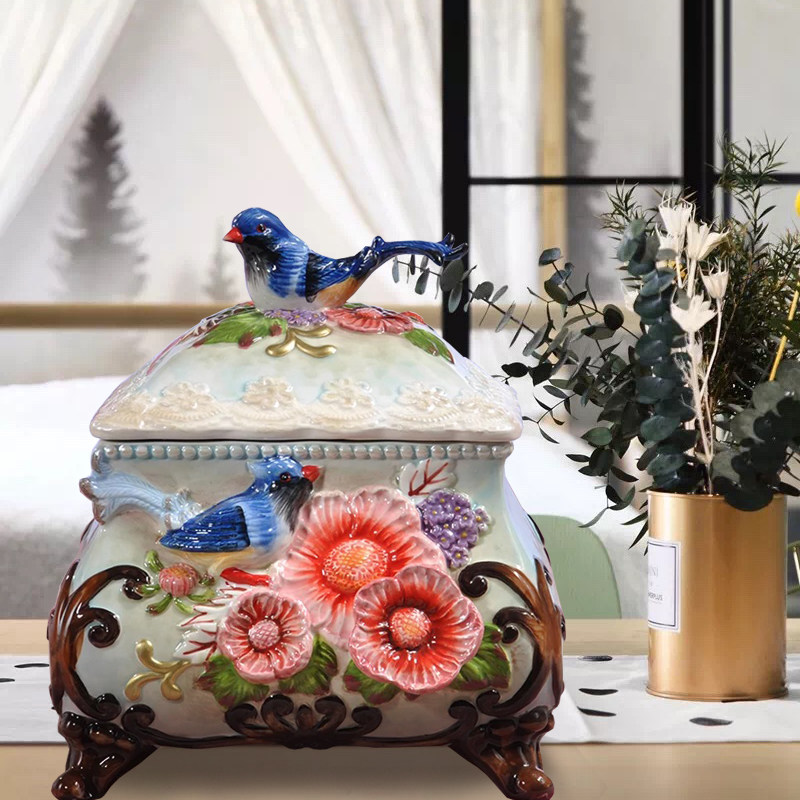 European-style flower and bird magpie ceramic sealed pot tea pot Chinese storage pot Bogu shelf craft furnishings home gifts