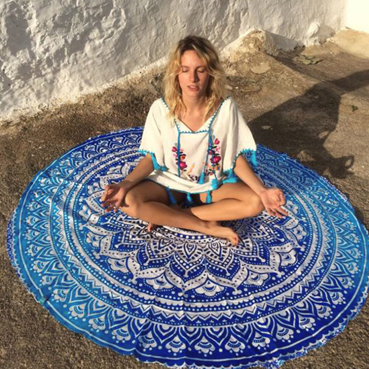 Rayon printed tassel oversized round beach cushion yoga mat wrap towel shawl beach vacation mat beach blanket