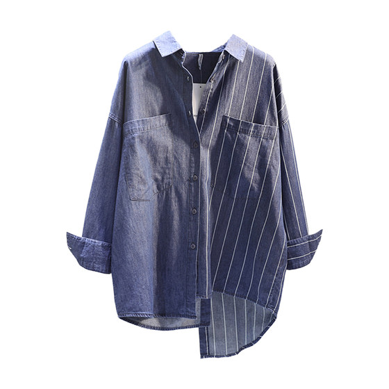 품질 텐셀 데님 코튼 셔츠 2023 봄 신상품 한국 불규칙 더블 포켓 스트라이프 스플라이싱 셔츠 탑