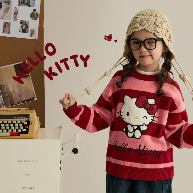 [Happy Takeoff] 2026 New Children's Striped Sweater Winter Hello Kitty Color-Block Sweet Warm Top