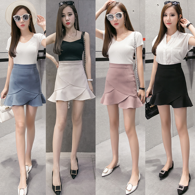Mùa xuân, mùa hè, mùa thu và mùa đông váy ngắn xù một từ váy đuôi cá váy nữ chống ánh sáng chân váy jean ngắn
