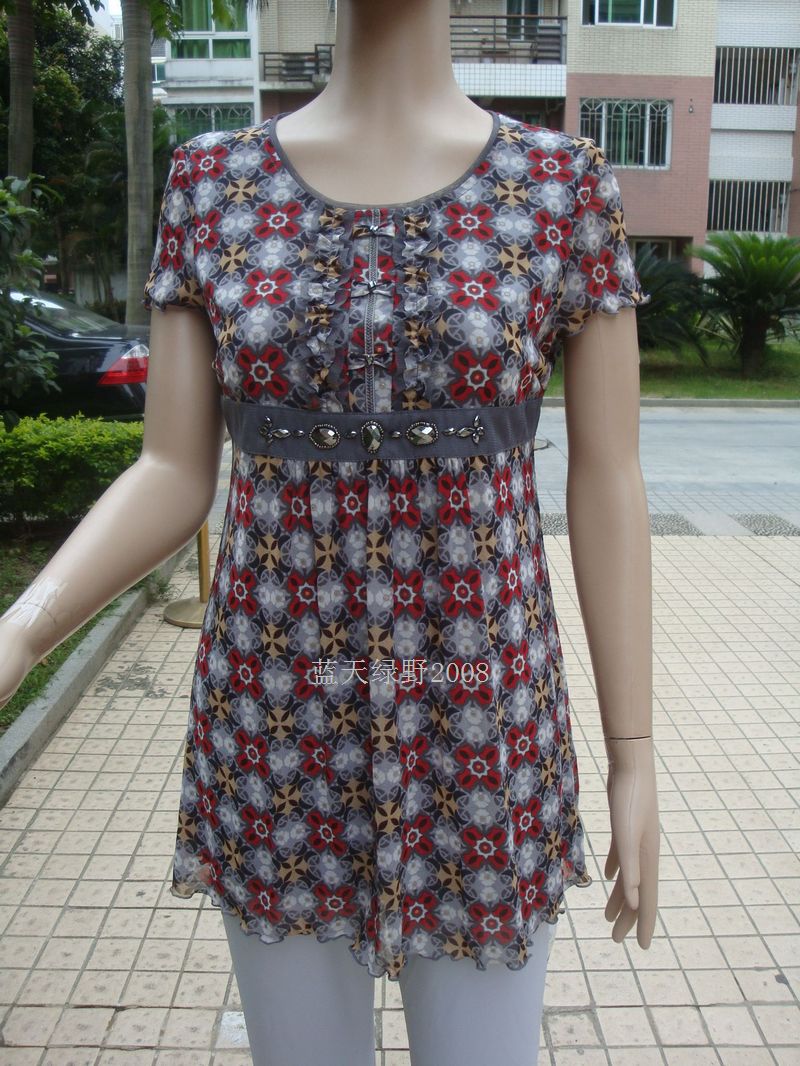 伊品质品牌上允斯曼职业女装折扣女装灰红花半长网纱修身