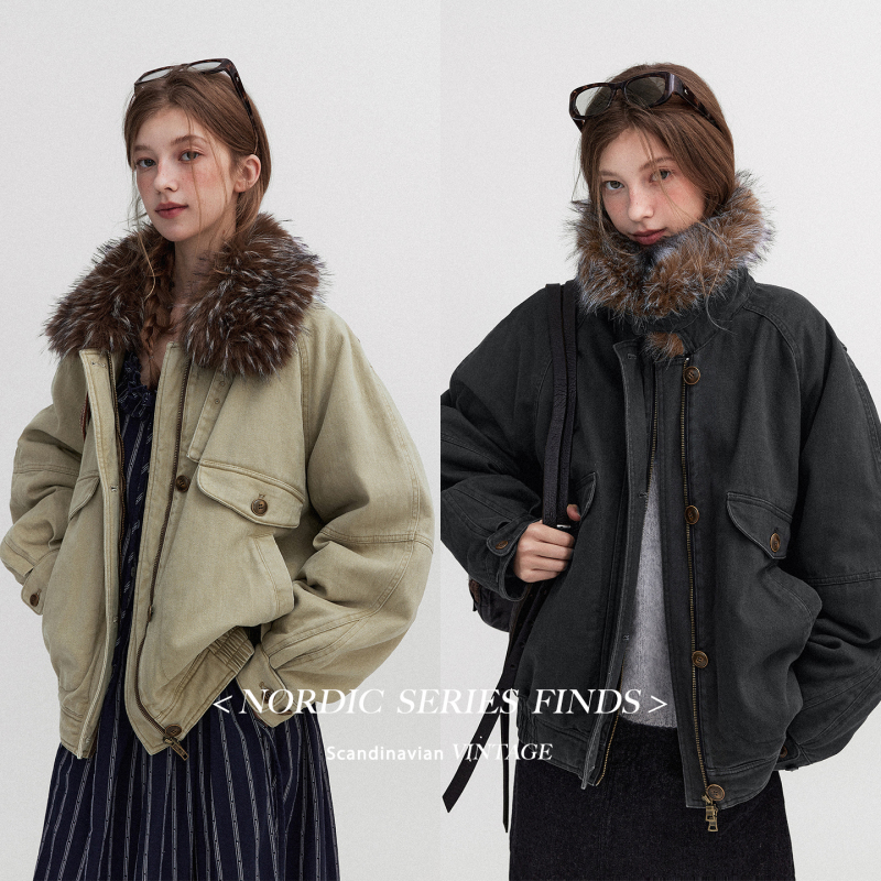Letm Vintage Twill Denim Retro Quilted Thickened Detachable Fur Collar Denim Cotton Jacket for Women