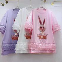 2021 New Korean Sweet College Wind Pearl Cartoon Pattern Lace Lace Lace Sticking Short Sleeve T-shirt Coat