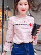 Lace shirt female Autumn New Korean sweet College Wind small hook flower stand collar stitching ruffle long sleeve shirt