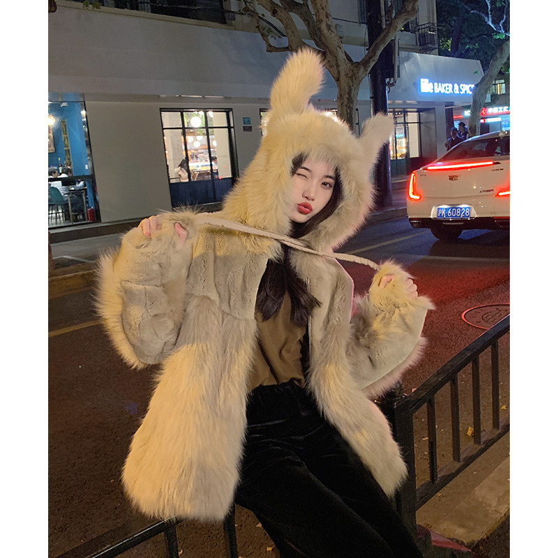 Derris's drunk rabbit imports fox fur slice rabbit and hat fur coat young winter woman