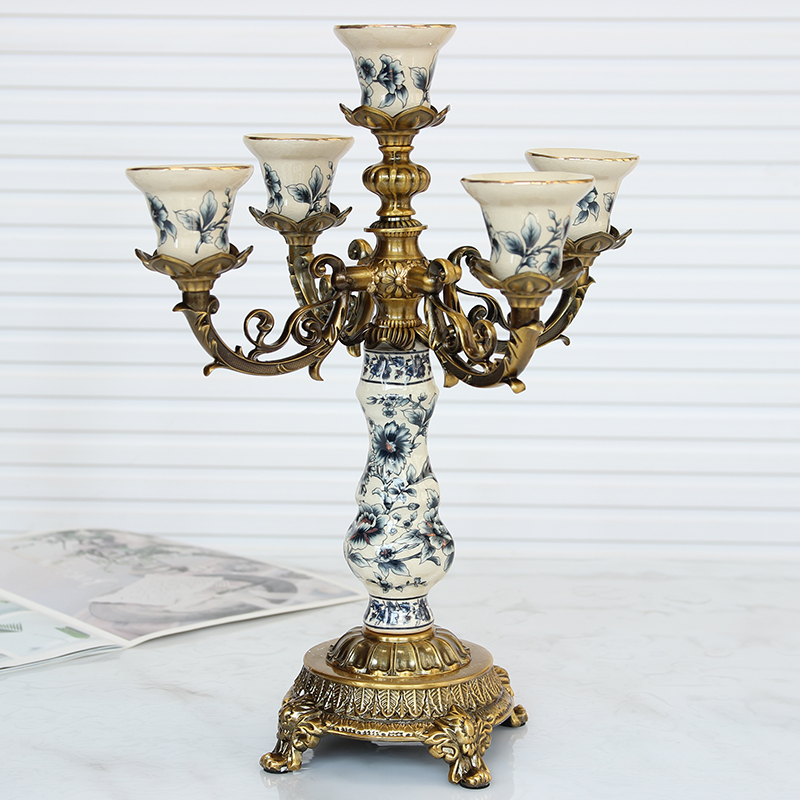 Modern simple light luxury ceramic alloy five - head candlestick Nordic American living room seating table decoration parts