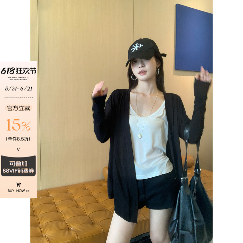 Song Zheng'En Black Thin Cardigan Jacket for Women, New Summer Style, Loose, Irregular, Lazy Mid-Length Blouse Top
