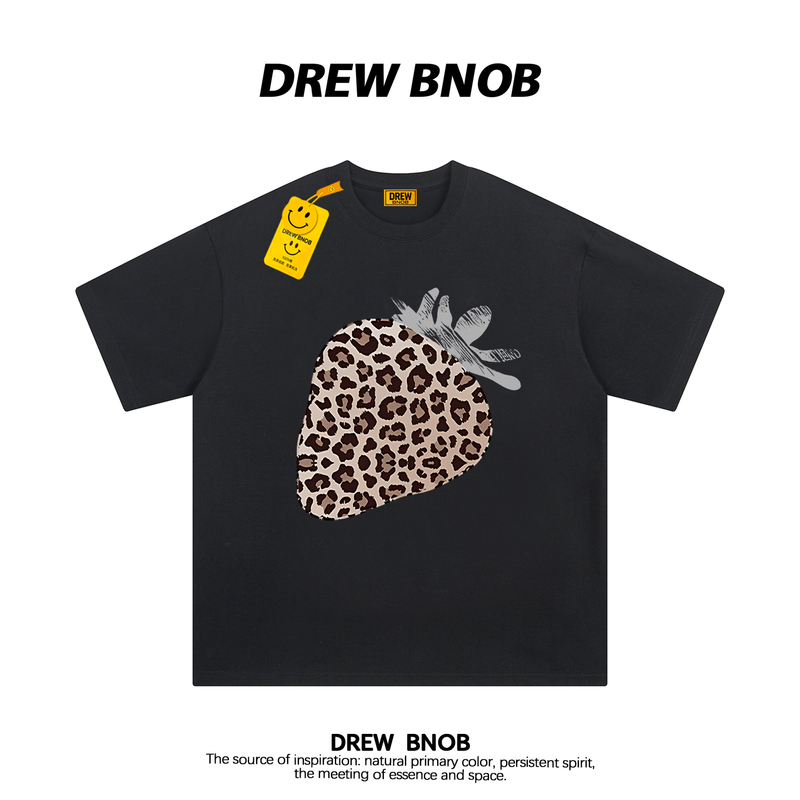 Drewbnob American Retro Leopard Print Strawberry Short-Sleeved T-Shirt for Men and Women Trendy Brand High Street Loose Cotton Top Ins