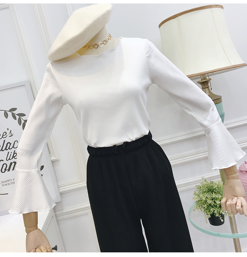 2018 mùa thu mới thời trang hoang dã cổ tròn tay gỗ kèn tay áo mỏng thon gọn áo thun chạm đáy áo sơ mi nữ áo phông nữ rộng