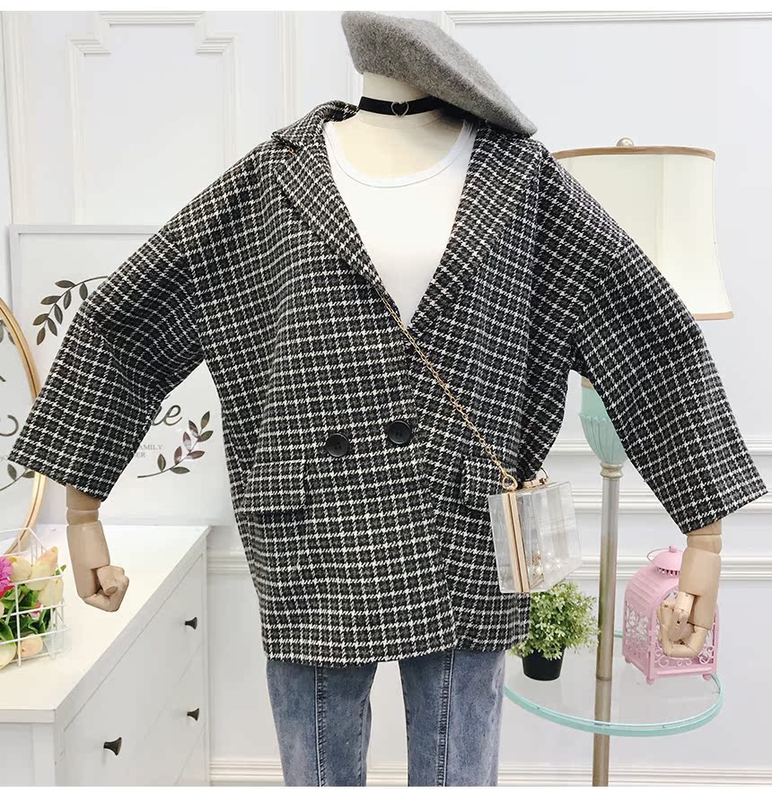Mùa thu đông 2018 phiên bản Hàn Quốc mới của bộ đồ cổ điển hoang dã retro houndstooth đoạn ngắn áo khoác len nữ khoác ngoài áo khoác nữ hàng hiệu