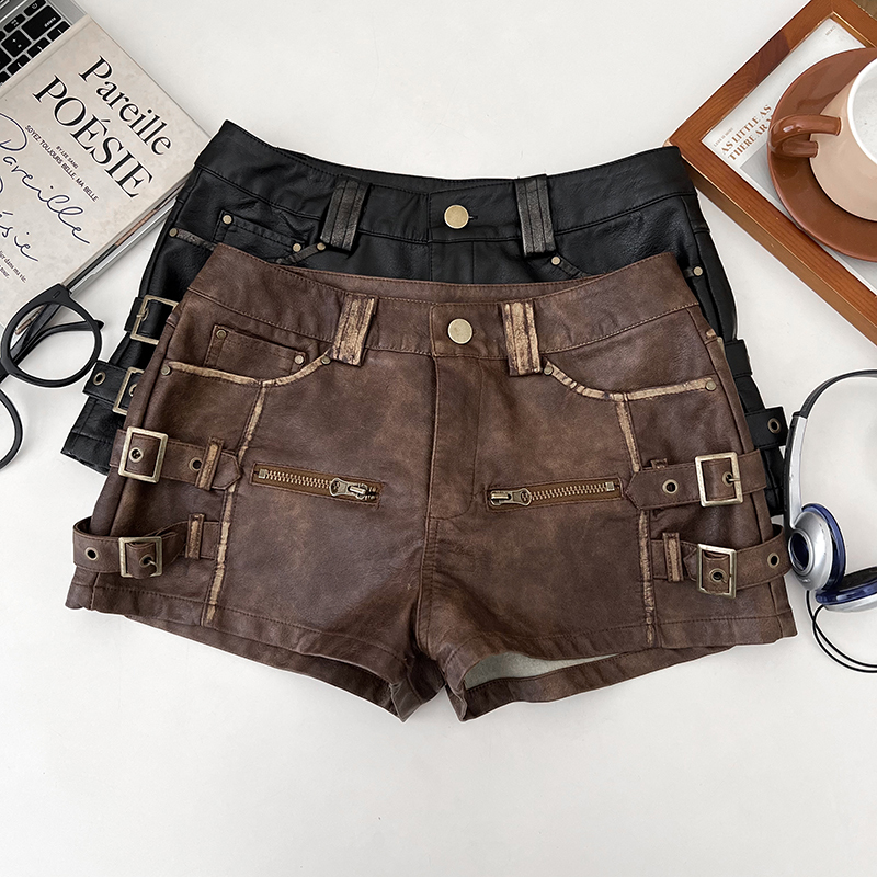 Retro American Style Hot Girl Pu Leather High-Waisted Slimming Work Shorts Wide-Leg Pants Bootcut Pants Casual Pants Women's New Autumn and Winter Style