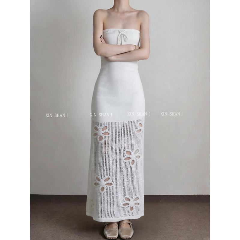 Xinshan Studios Hollow Floral Strapless Knit Dress 2026 Summer New Slim Fit Straight Skirt for Women Xinshan Studios Hollow Floral Strapless Knit Dress 2026 Summer New Slim Fit Straight Skirt for Women