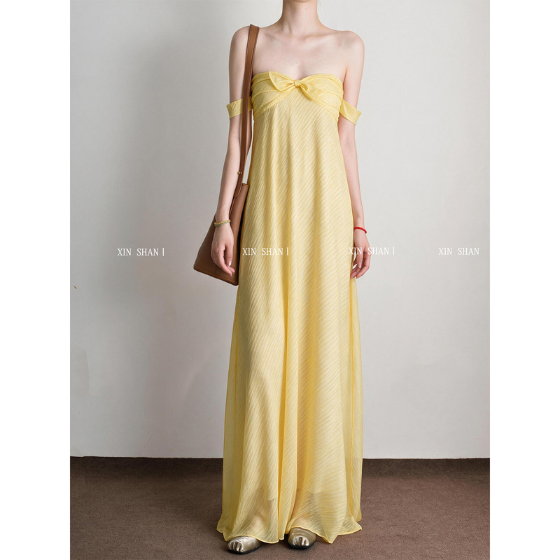 New Mountain Studios Yellow Off-Shoulder Dress for Women, French Style, 2026 New Model, Seaside Vacation Style Long Dress New Mountain Studios Yellow Off-Shoulder Dress for Women, French Style, 2026 New Model, Seaside Vacation Style Long Dress