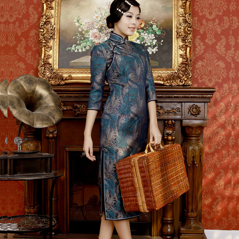 Jiangbank flower spring and autumn deep blue brocade long retro cuff modified long banner robe advanced custom dress