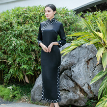  Yifu spring and autumn stitching wide-brimmed long womens classic polka dot cheongsam black with sleeves to improve everyday spring