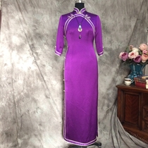 Yifu spring purple mid-sleeve Shanghai cheongsam skirt Republic of China retro double lapel modified silk Silk handmade customization