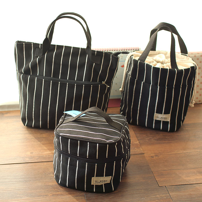 Blue deep forest black and white striped lunch box bag bento bag lunch box handbag lunch bag student hand bag