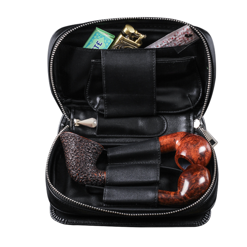 Pipe bag Large capacity leather pipe bag Pipe storage bag tobacco silk three-bucket bag Portable men's pipe accessories