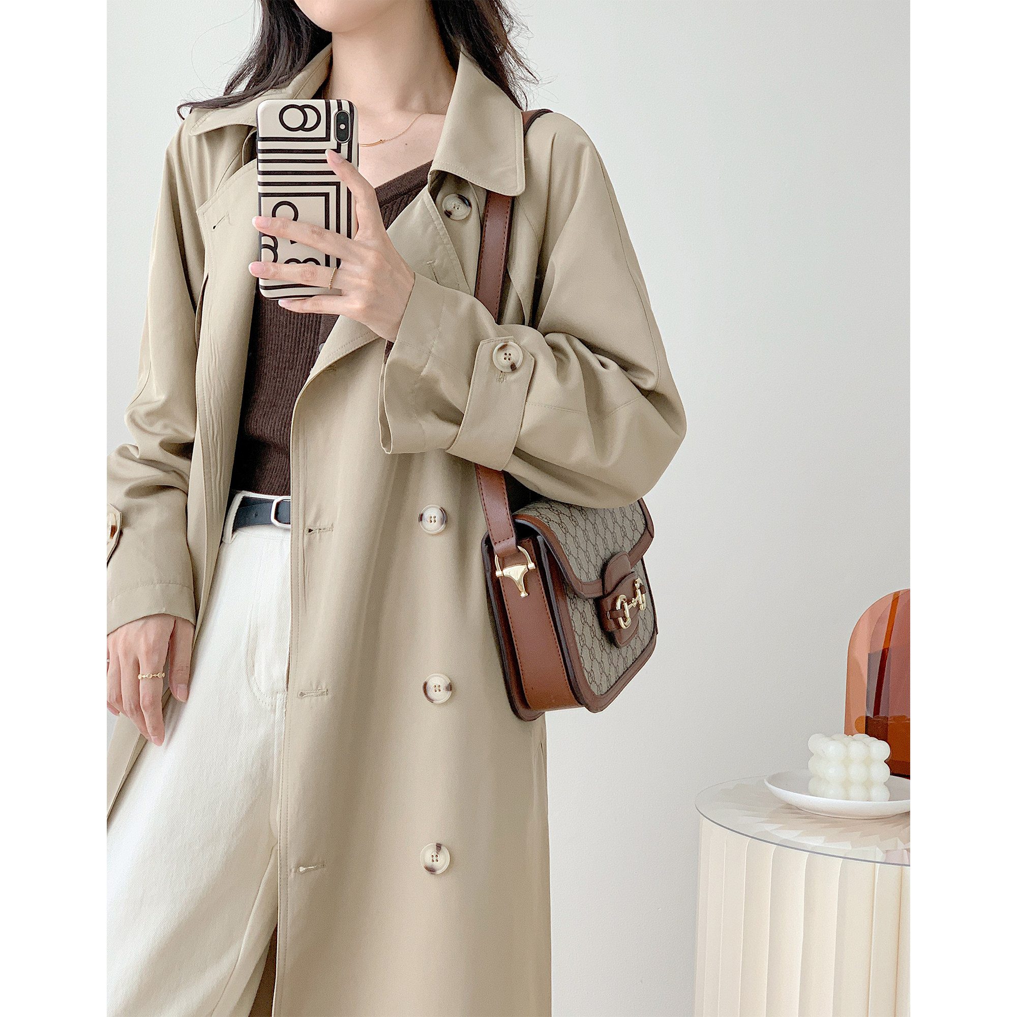 Full honey custom temperament high-end double-breasted loose mid-length windbreaker women's slim tie-up over-the-knee coat autumn