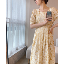 Full honey custom yellow summer new Korean version square collar short sleeve one-piece dress feminine style temperament close-skinny dresses