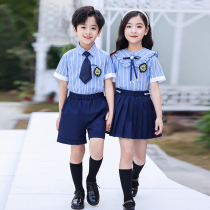 School uniform suit primary school students summer childrens short-sleeved British style blue class uniform kindergarten uniform summer clothing graduation photo