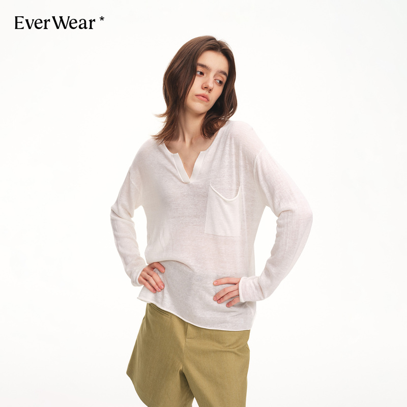 Everwear American-Style Simple Wool and Linen Blend Breathable T-Shirt for Women, Summer Thin Design Top Cover-Up