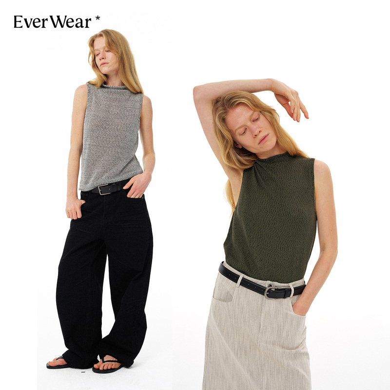 Ever Wear Textured Knitted Stylish Vest 2026 Summer Stand-Up Collar Simple Loose Breathable Sleeveless Top