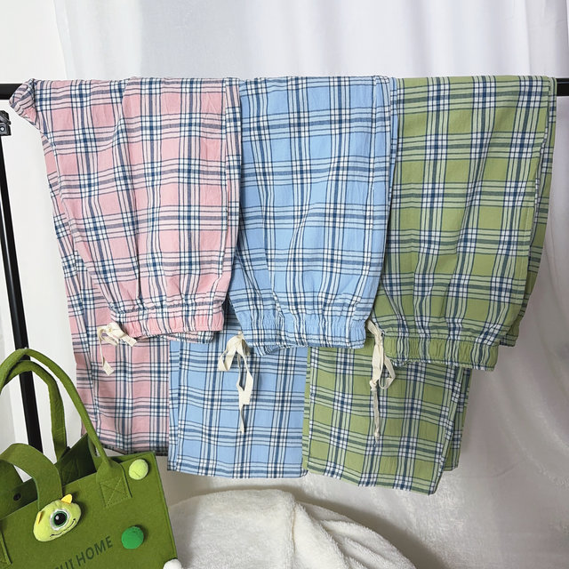 Pure cotton washing cotton large size loose plaid women's home pajamas casual pants trousers