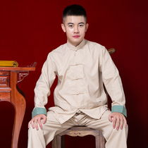 Spring and autumn cotton linen Tang suit two-piece mens long sleeve suit Chinese style youth Chinese coat