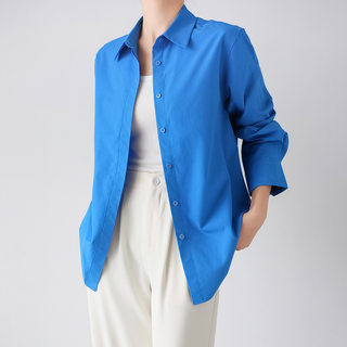 Mid-Length Klein Blue Wrinkle-Resistant, No-Iron Tencel Cotton Shirt for Women, Casual Loose Shirt Jacket, Commuter Top