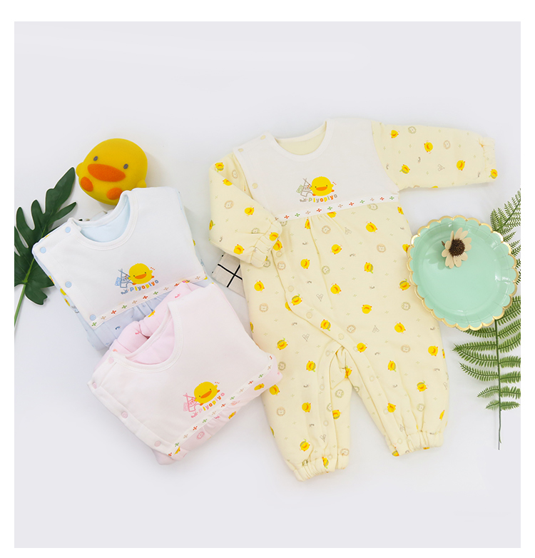 Vịt con màu vàng cho bé mùa thu và mùa đông những người đàn ông và phụ nữ bé 6 shop bông romper jumpsuit 18 áo bông 0-3 tháng áo liền quần có tất baby