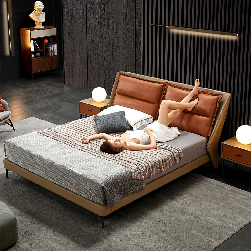 Italian Minimalist Genuine Leather Bed Modern Minimalist double bed 1 8 m Wedding Bed Master Bedroom Luxury Soft Bunk Bed Nordic Leather Bed