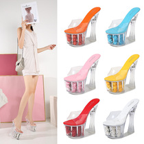 Coarse Heel Shoes Women Slippers 17cm20 Cm Super High Heel Sexy Cool Drag Walking Show Crystal Clear Slippers Summer