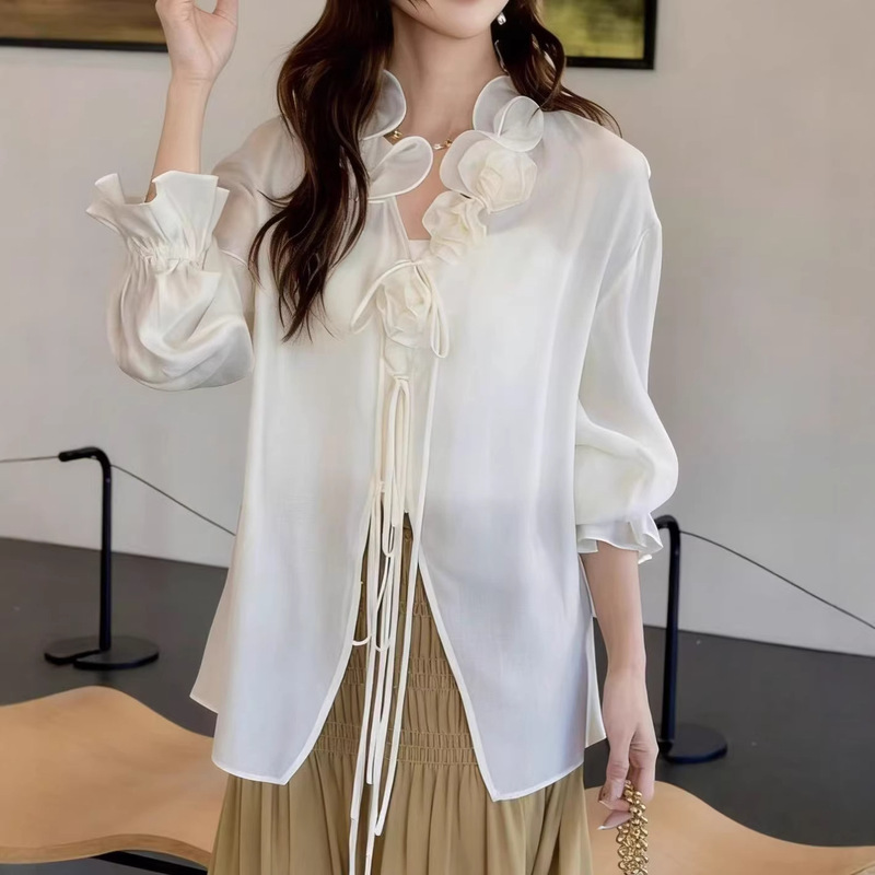 French Romantic Design with Ruffled Lace, Three-Dimensional Rose Tie, Tencel Shirt Top for Women, Age-Reducing and Exquisite Blouse