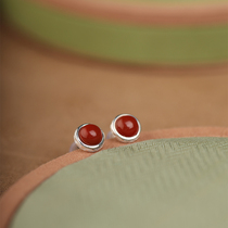 (Red Bean) Natural South Red Manau dots pure silver ear nails to sleep without picking up the ancient wind small earbuds women earrings