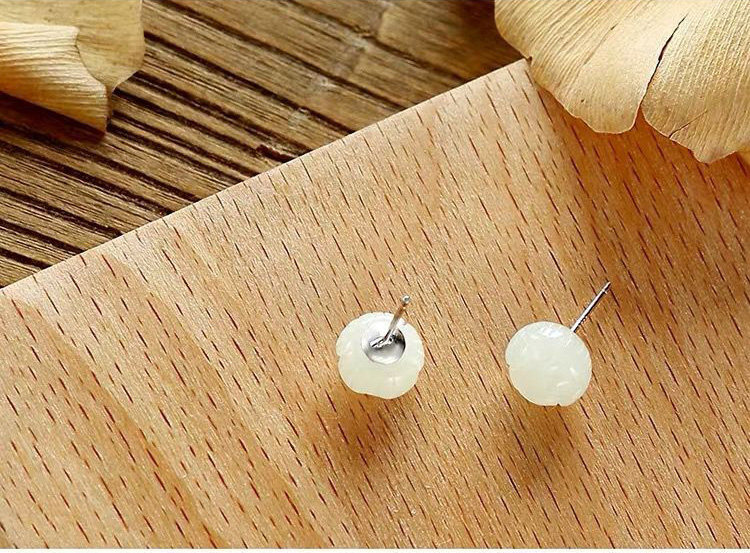 Серьги 熙素原创耳钉古风南红和田玉玛瑙复古莲花简约玉质耳环女纯银耳饰