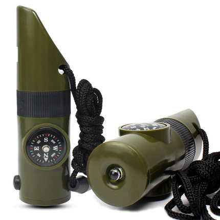 Outdoor camping equipment outdoor supplies multi-function survival whistle LED light thermometer compass magnifying mirror