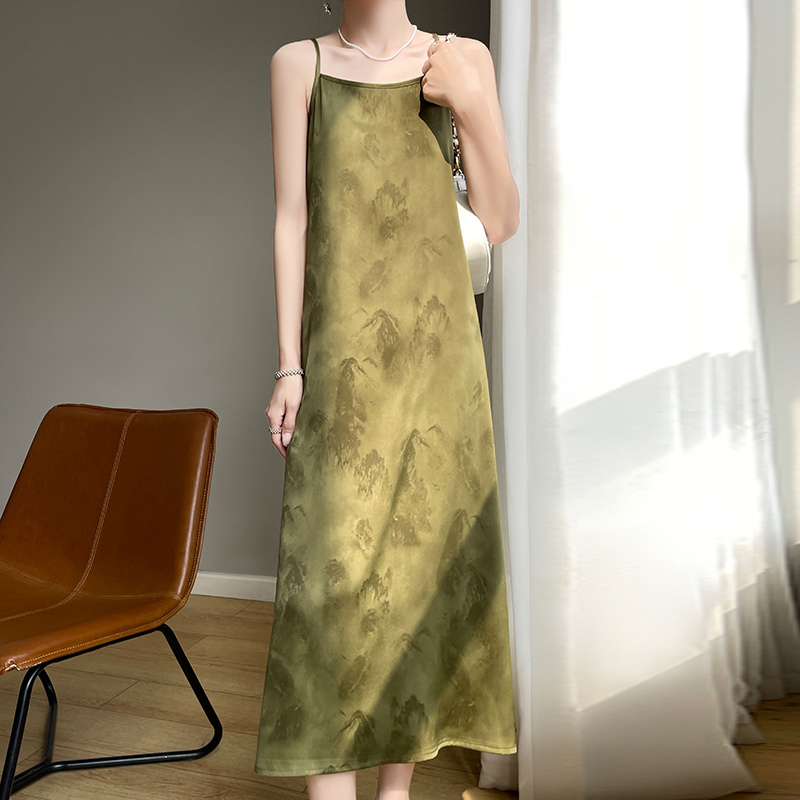 New Chinese-Style Jacquard Off-Shoulder Strap Dress for Women, Acetate Satin Drape High-Waisted Long Dress, Loose A-Line Dress for Summer