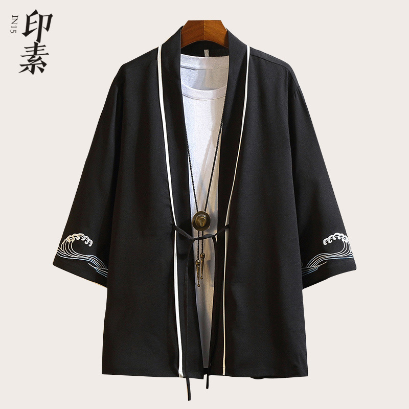 Chinese Style Men's Shirt, Retro Style, Fairy-Like Hanfu Shirt, Taoist Robe, Sun Protection Clothing, Trendy Summer Three-Quarter Sleeve Jacket