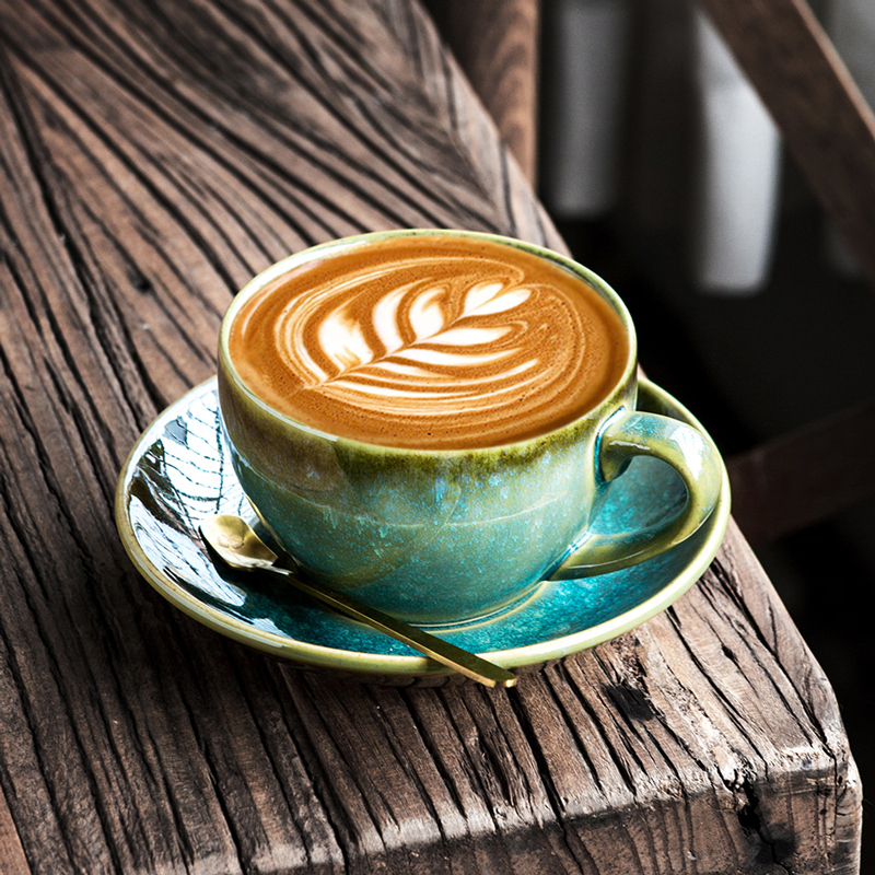 Kiln-Fired Ceramic Latte Art Coffee Cup, Retro High-End Exquisite Coffee Cup and Saucer Set, Cappuccino 300ml