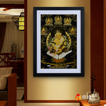 Tibet bronzing log hanging painting gilded living room entrance solid wood photo frame decoration painting modern yellow Wealth God thangka mural