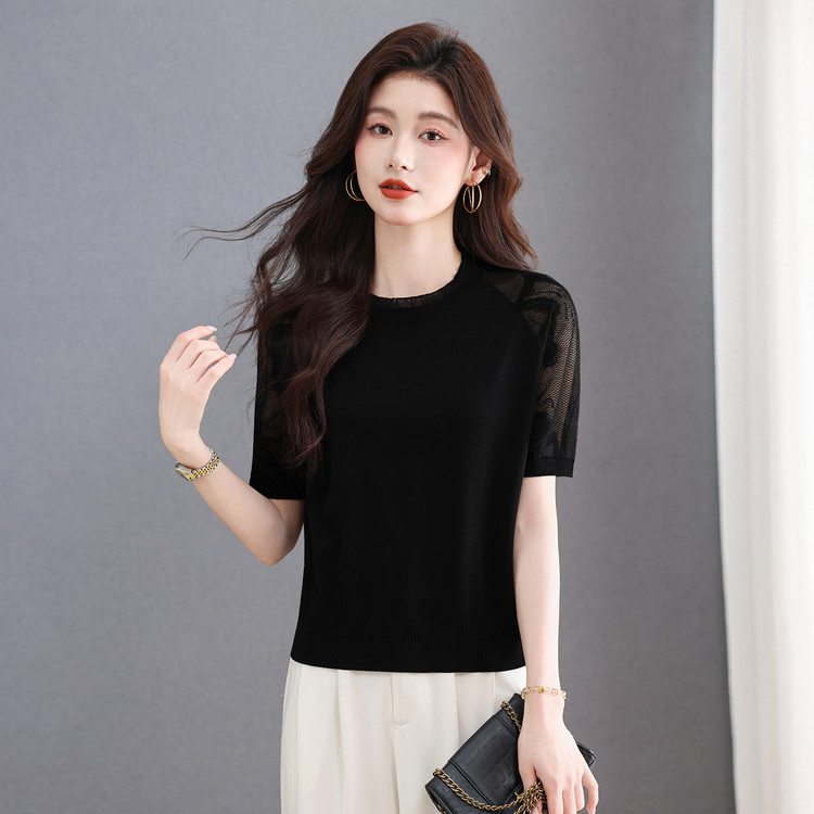 Pierre Cardin Silk High-End Summer Women's Lace Ice Silk Short-Sleeve Round-Neck Knit T-Shirt Thin Top Plus Size Pierre Cardin Silk High-End Summer Women's Lace Ice Silk Short-Sleeve Round-Neck Knit T-Shirt Thin Top Plus Size