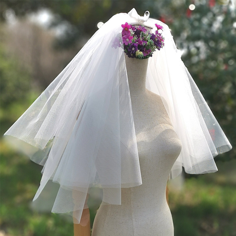 Veil headdress Puff yarn short bow Cute princess travel shoot bridal shape double net red hundred tower veil