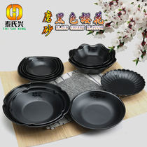 Black matte A5 melamine round plate printed thick disc imitation porcelain soup plate hotel restaurant dish plastic plate