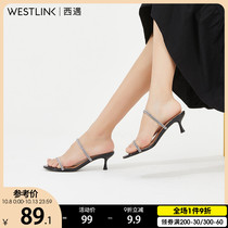 Western slippers women wear 2020 new summer fashion hot drill strip comfortable high heels women Joker thin heel