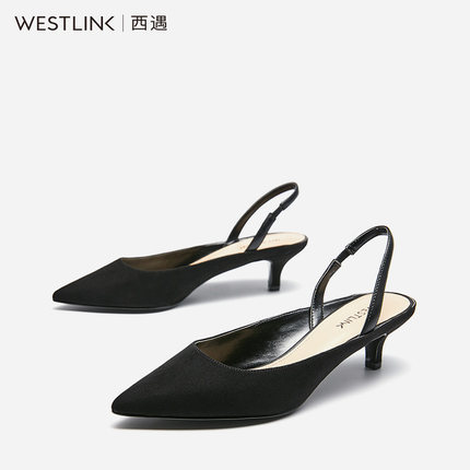 西遇女鞋2018春新款复古绒面弹力带纯色浅口中跟猫跟细跟尖头单鞋